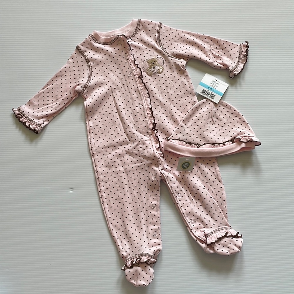 Little me light pink with brown hearts - two piece set. Size 6 months